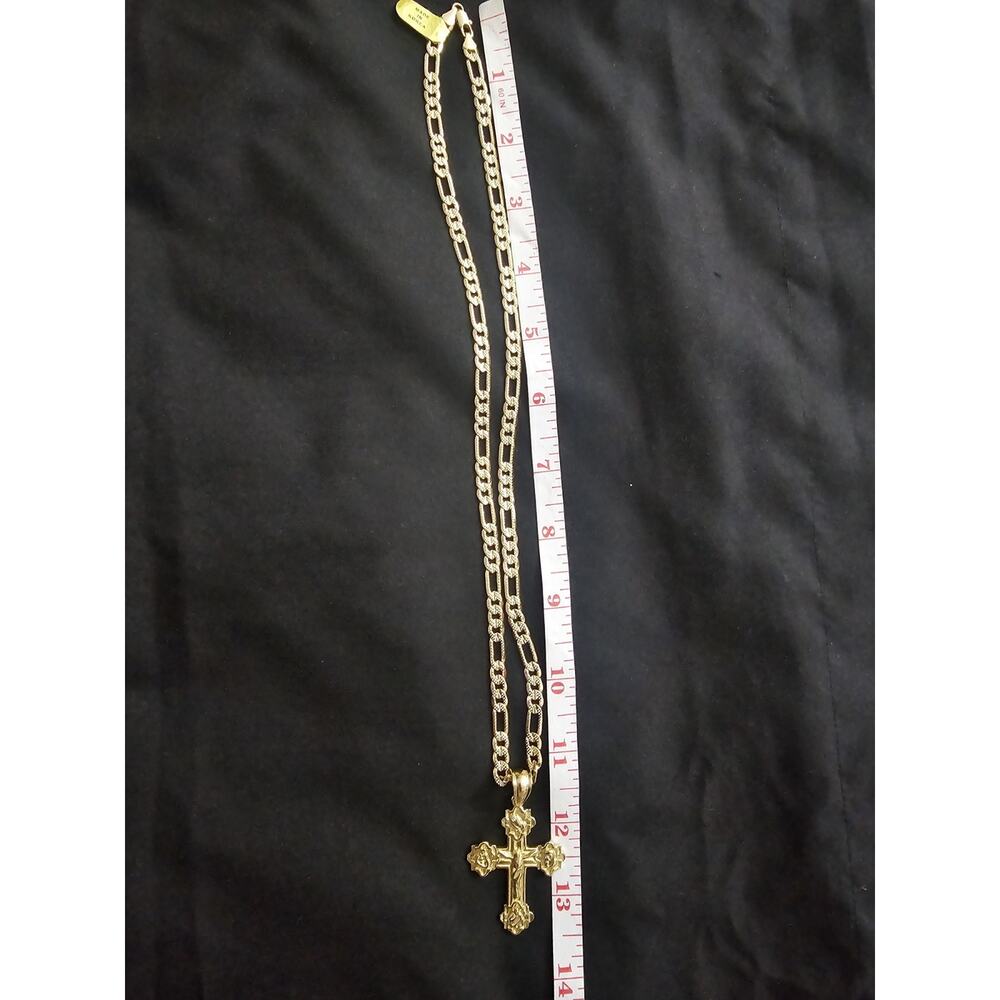 24in Gold-Plated brass-5.7mm frosted Figaro Chain w/Cross Pendant Charm - Picture 3 of 7